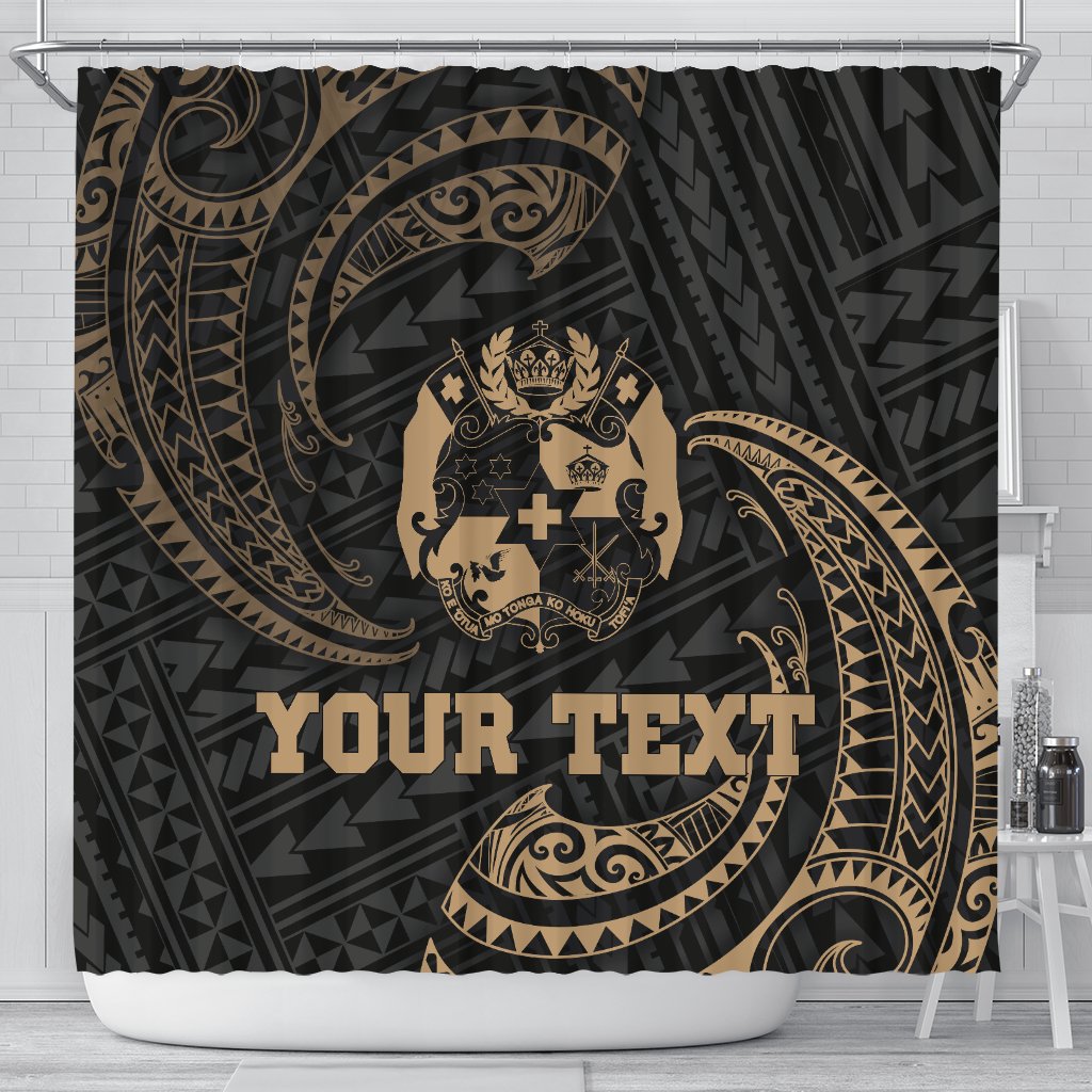 Tonga Polynesian Custom Personalised Shower Curtain - Gold Tribal Wave 177 x 172 (cm) Black - Polynesian Pride