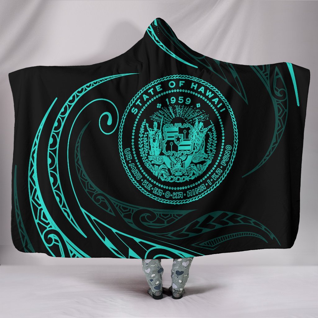 Hawaii Coat Of Arms Hooded Blanket - Turquoise - Frida Style Hooded Blanket Black - Polynesian Pride