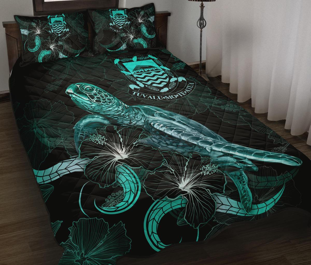 Tuvalu Polynesian Quilt Bed Set - Turtle With Blooming Hibiscus Turquoise Turquoise - Polynesian Pride