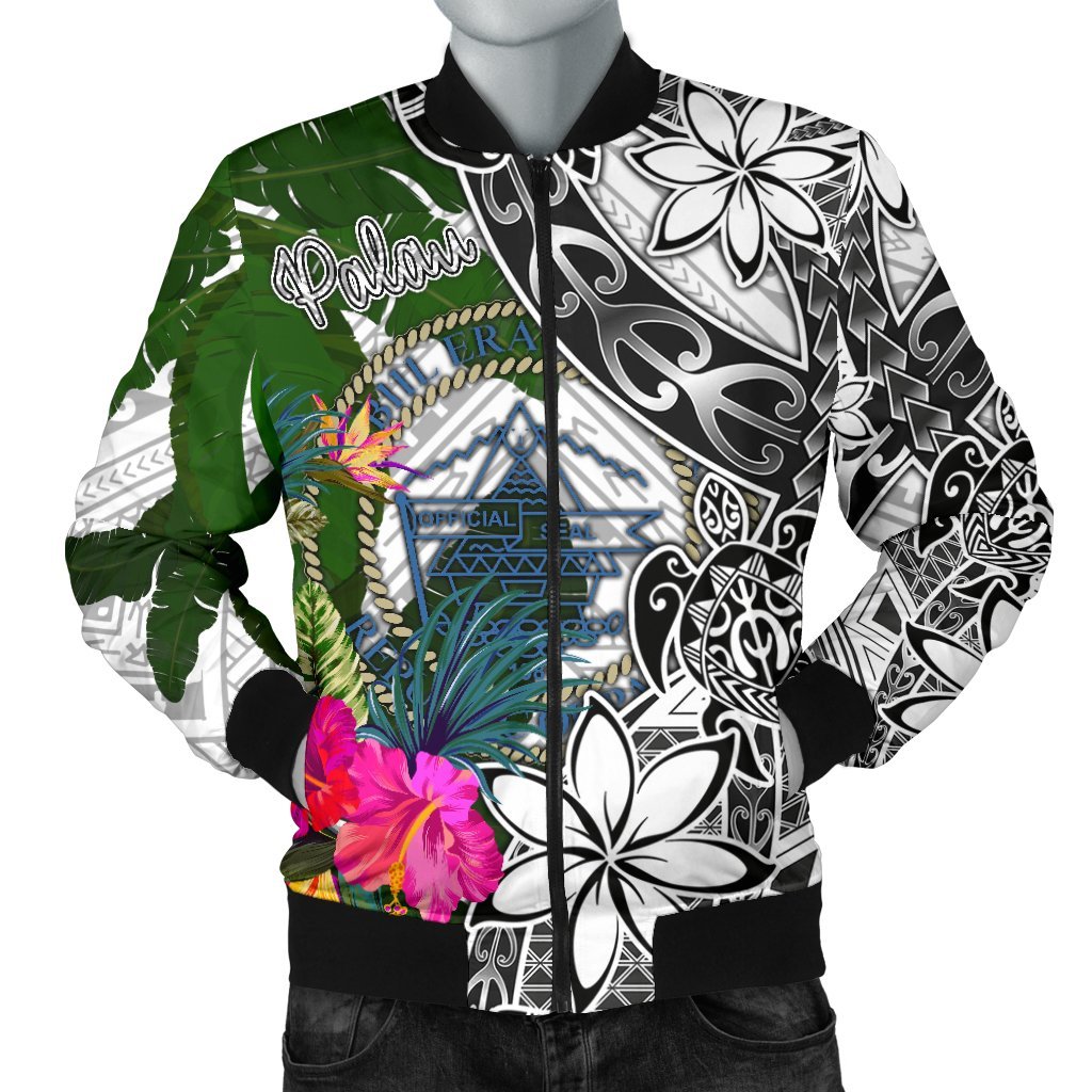 Palau Men's Bomber Jacket White - Turtle Plumeria Banana Leaf Crest White - Polynesian Pride