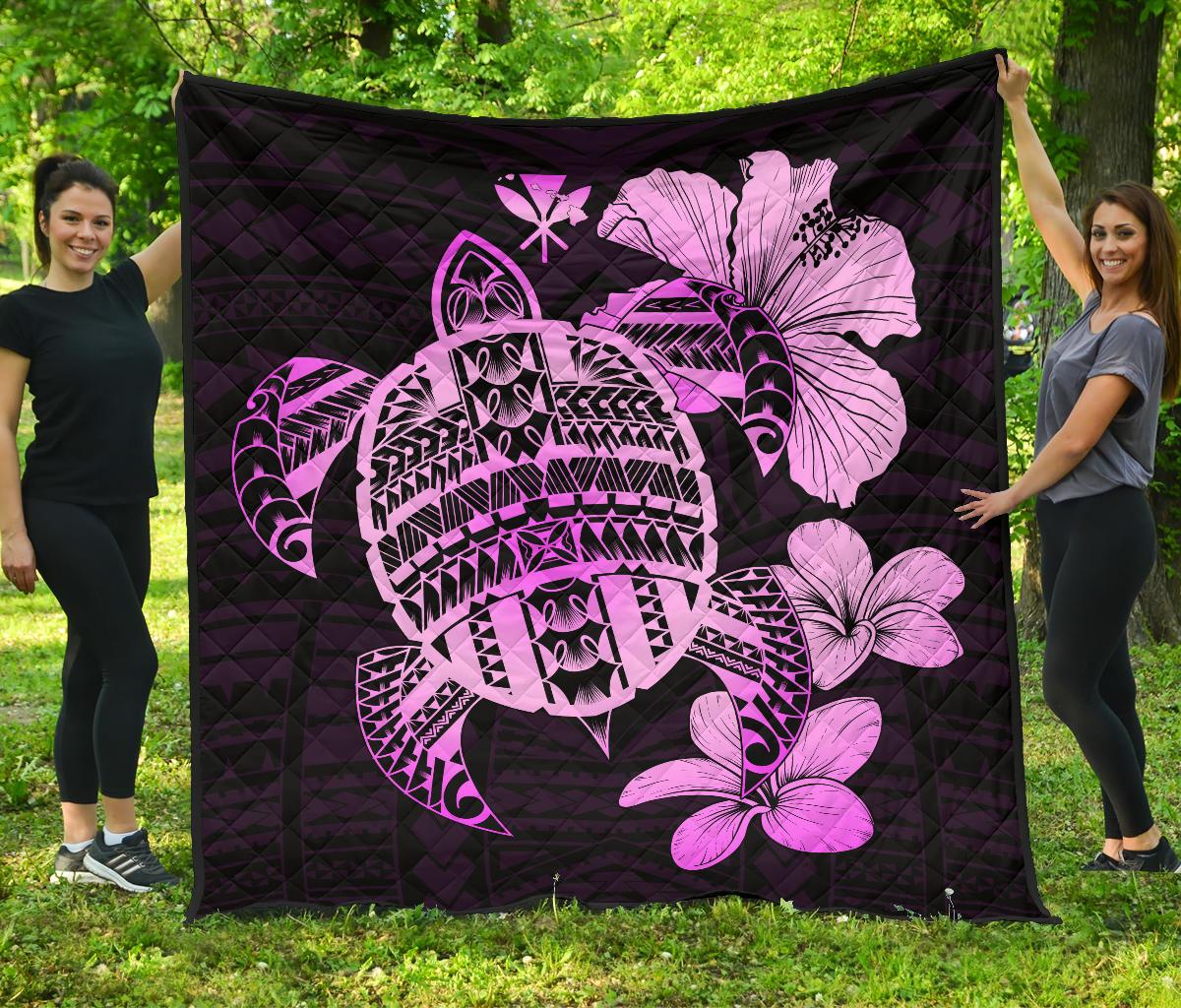 Hawaiian Kanaka Hibiscus Plumeria Mix Polynesian Turtle Premium Quilt Pink AH Pink - Polynesian Pride