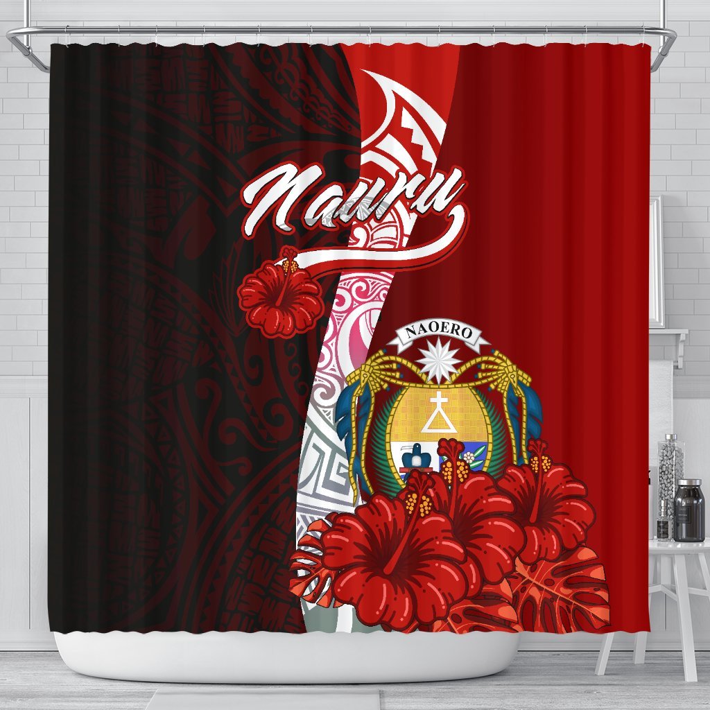 Nauru Polynesian Shower Curtain - Coat Of Arm With Hibiscus 177 x 172 (cm) Red - Polynesian Pride