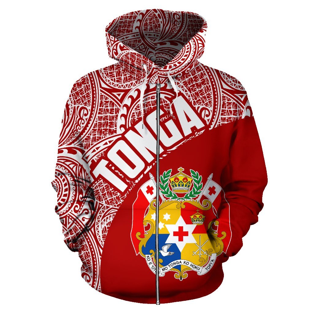 Tonga Zip up Hoodie Tonga Coat of Arms Polynesian Tattoo Red White - Polynesian Pride