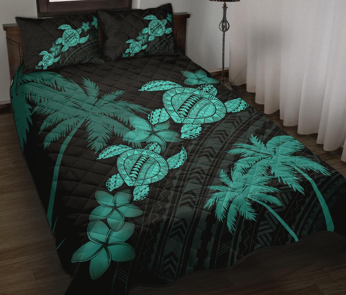 Hawaii Turtle Plumeria Coconut Tree Polynesian Quilt Bed Set - Turquoise - Polynesian Pride