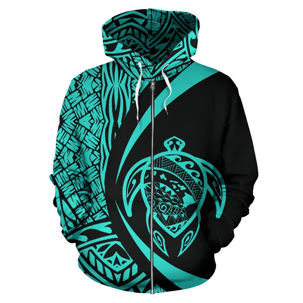 Polynesian Turtle Map of Hawaii Zip Hoodie Turquoise Circle Style - Polynesian Pride
