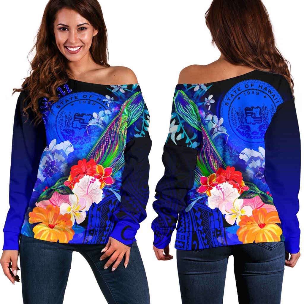 Polynesian Hawaii Women's Off Shoulder Sweater - Humpback Whale with Tropical Flowers (Blue) Blue - Polynesian Pride