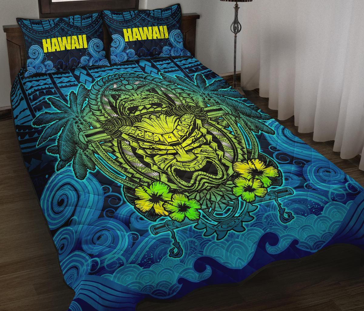 Hawaii Polynesian Quilt Bed Set - Hawaiian Green Yellow Tiki Face Blue Version BLUE - Polynesian Pride