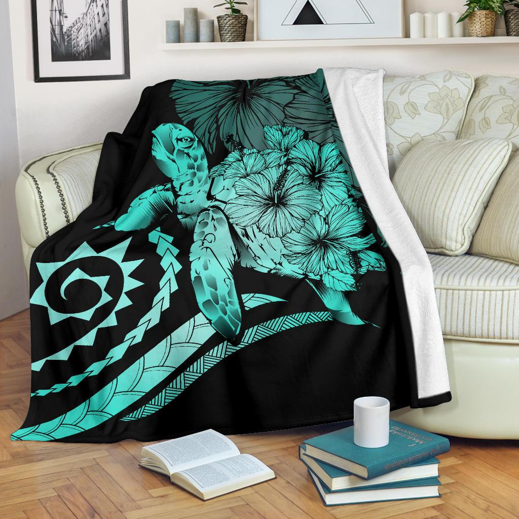 Hawaii Turtle Hibiscus Polynesian Vintage Premium Blanket - Turquoise White - Polynesian Pride