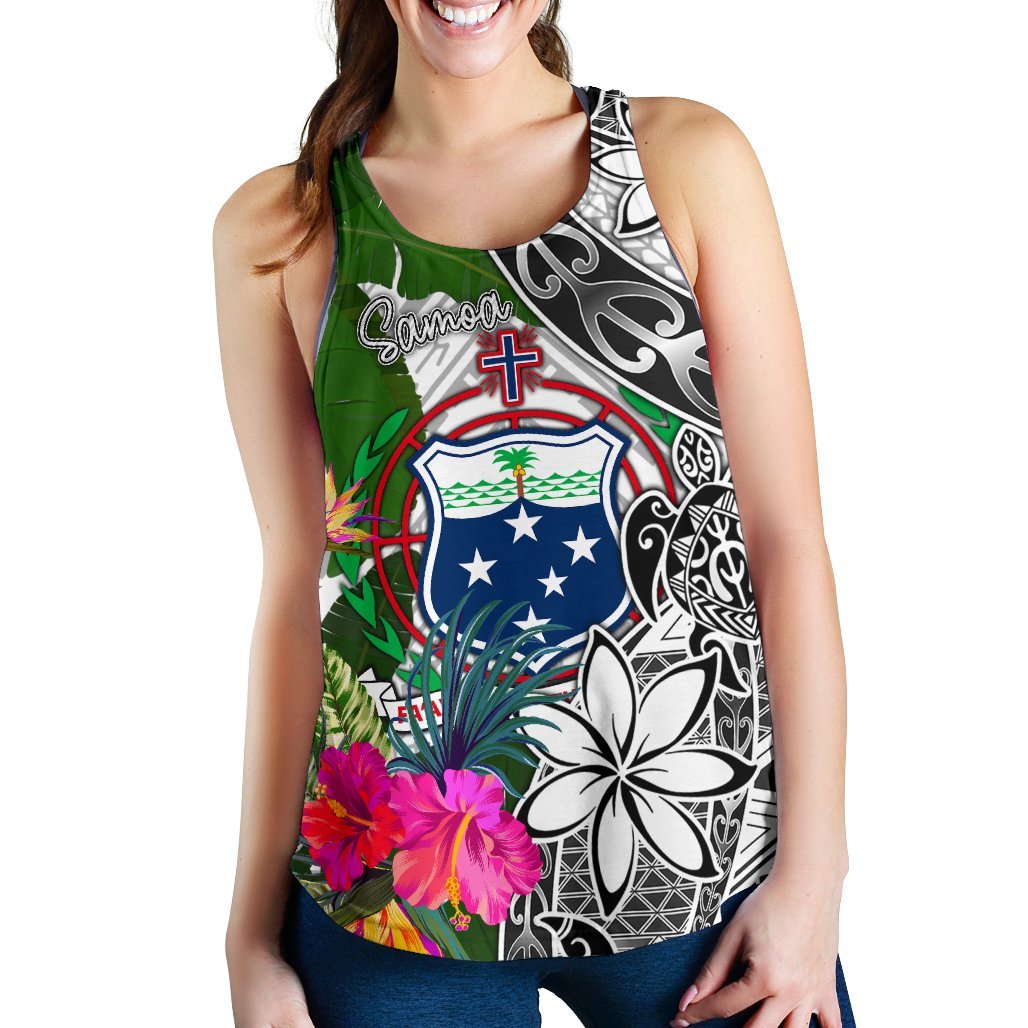 Samoa Women's Racerback Tank White - Turtle Plumeria Banana Leaf - Polynesian Pride