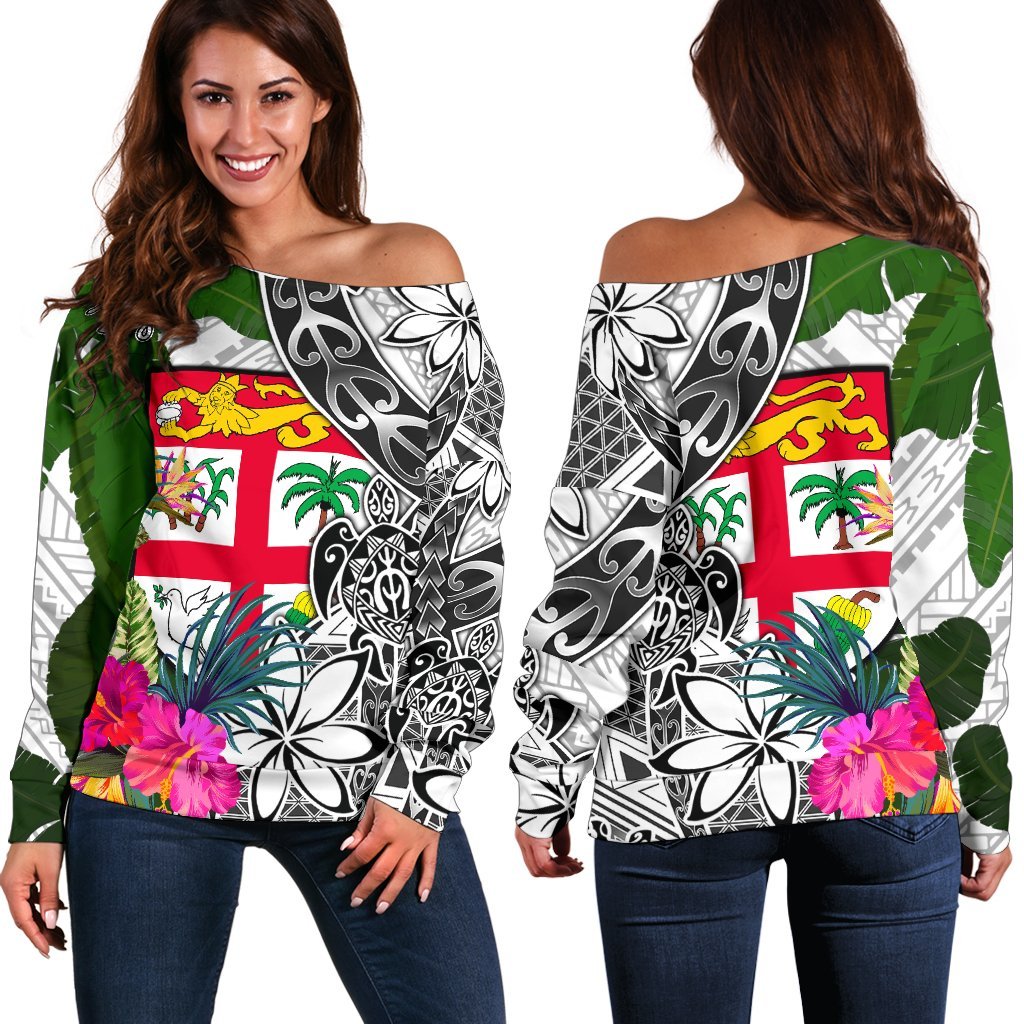 Fiji Women's Off Shoulder Sweater White - Turtle Plumeria Banana Leaf White - Polynesian Pride