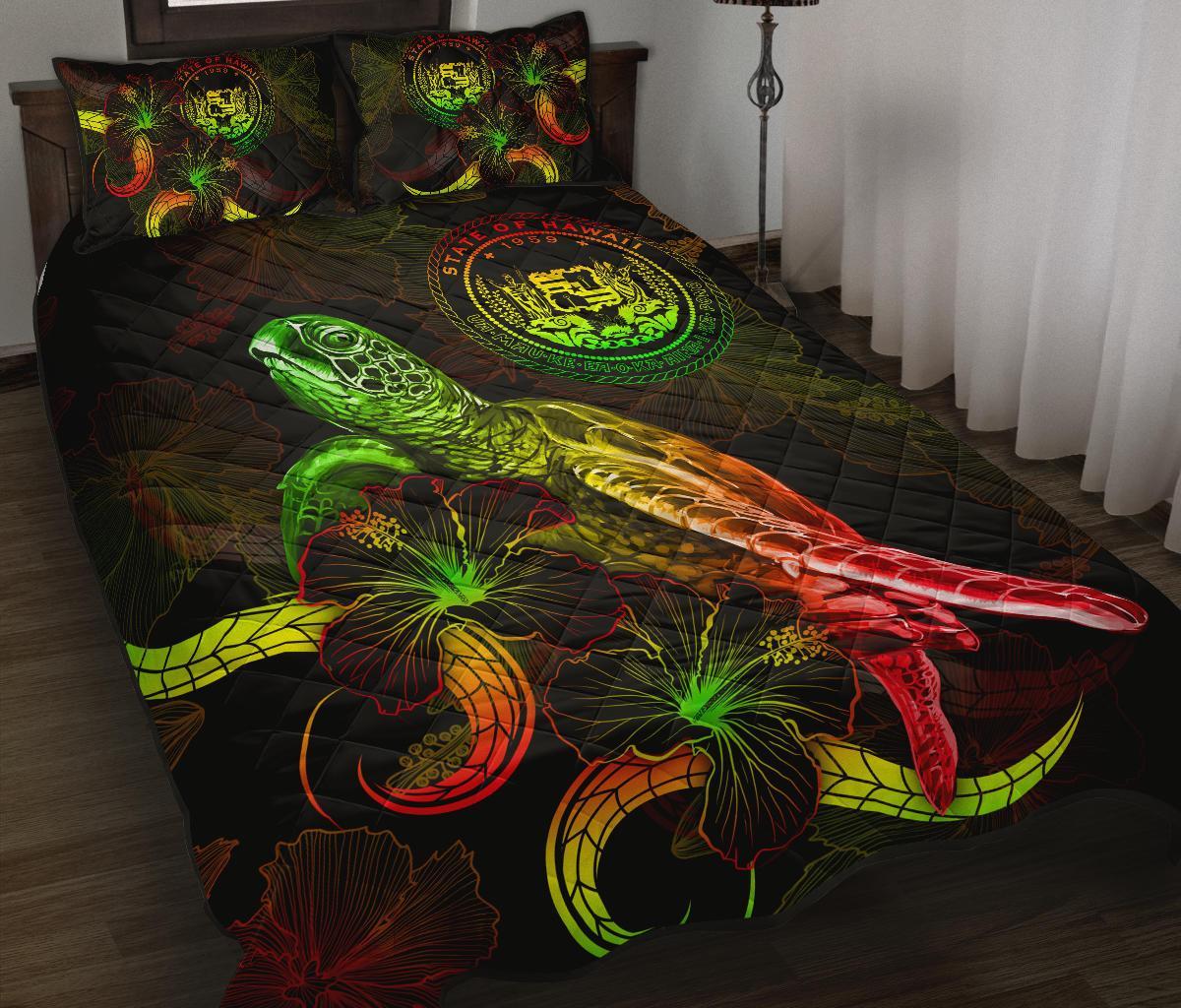 Hawaii Polynesian Quilt Bed Set - Turtle With Blooming Hibiscus Reggae Art - Polynesian Pride