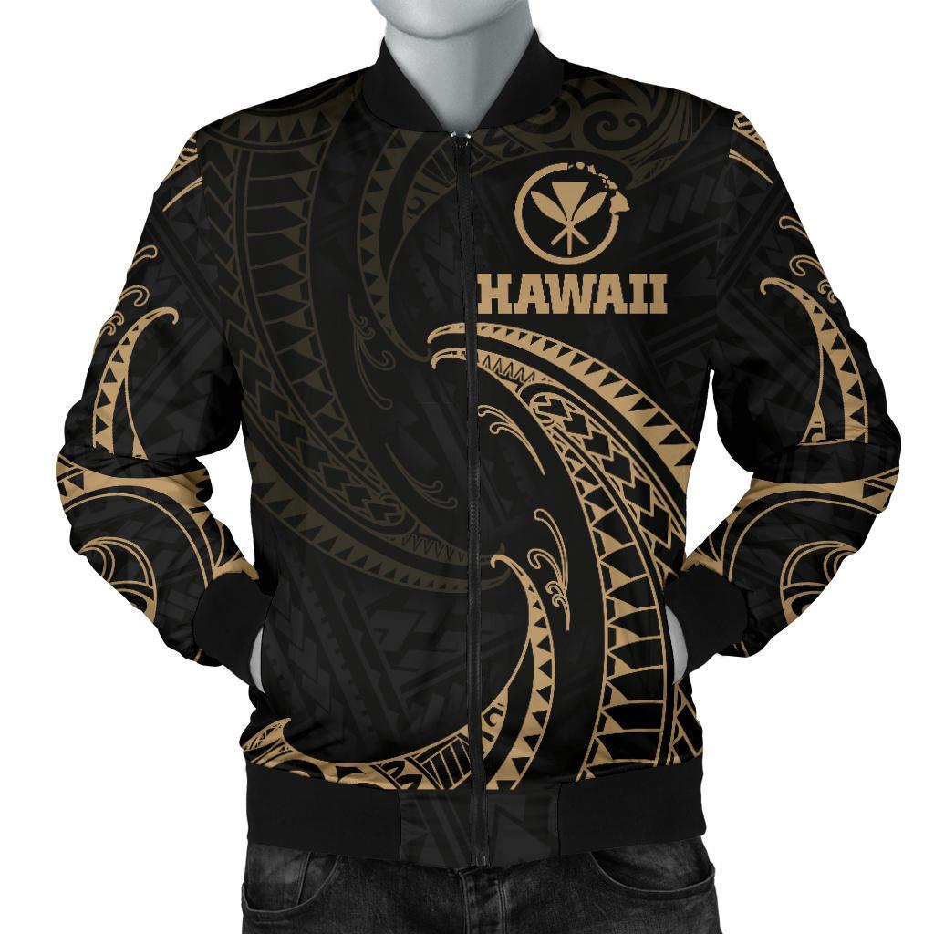 Hawaii Polynesian Men's Bomber Jacket - Gold Tribal Wave Black - Polynesian Pride