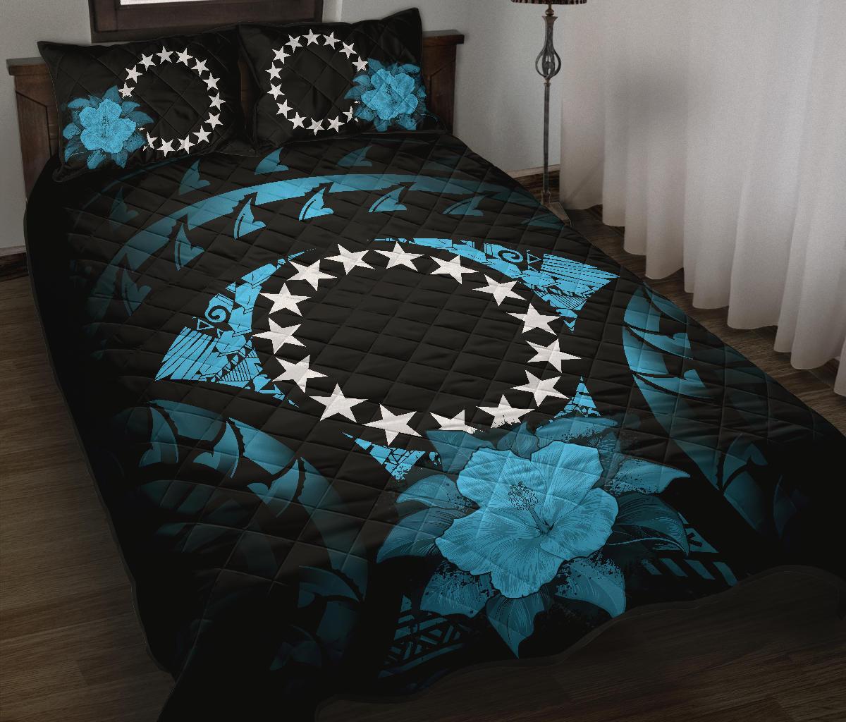 Cook Islands Polynesian Quilt Bed Set Hibiscus Blue Black - Polynesian Pride