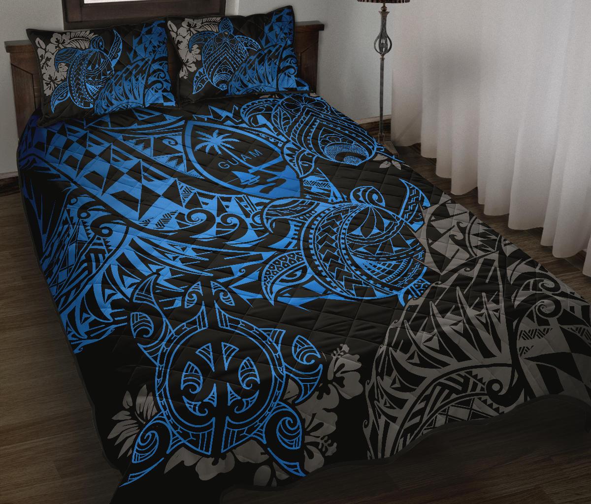 Guam Polynesian Quilt Bed Set - Blue Turtle Flowing Blue - Polynesian Pride