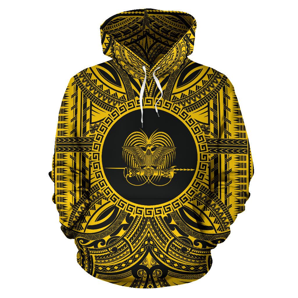 Papua New Guinea ll Over Hoodie Papua New Guinea Coat of rms Polynesian Gold Black Unisex Gold - Polynesian Pride