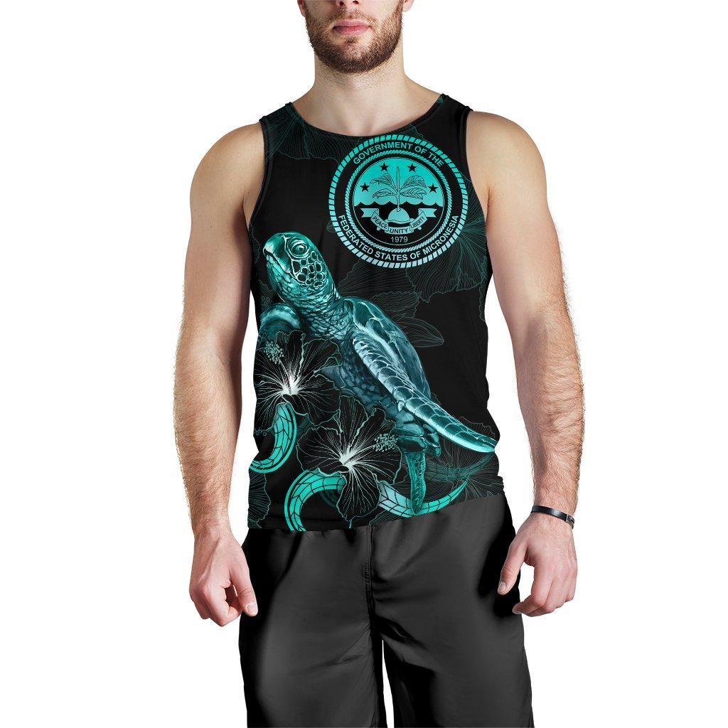 Federated States of Micronesia Polynesian Men Tank Top - Turtle With Blooming Hibiscus Tuquoise - Polynesian Pride