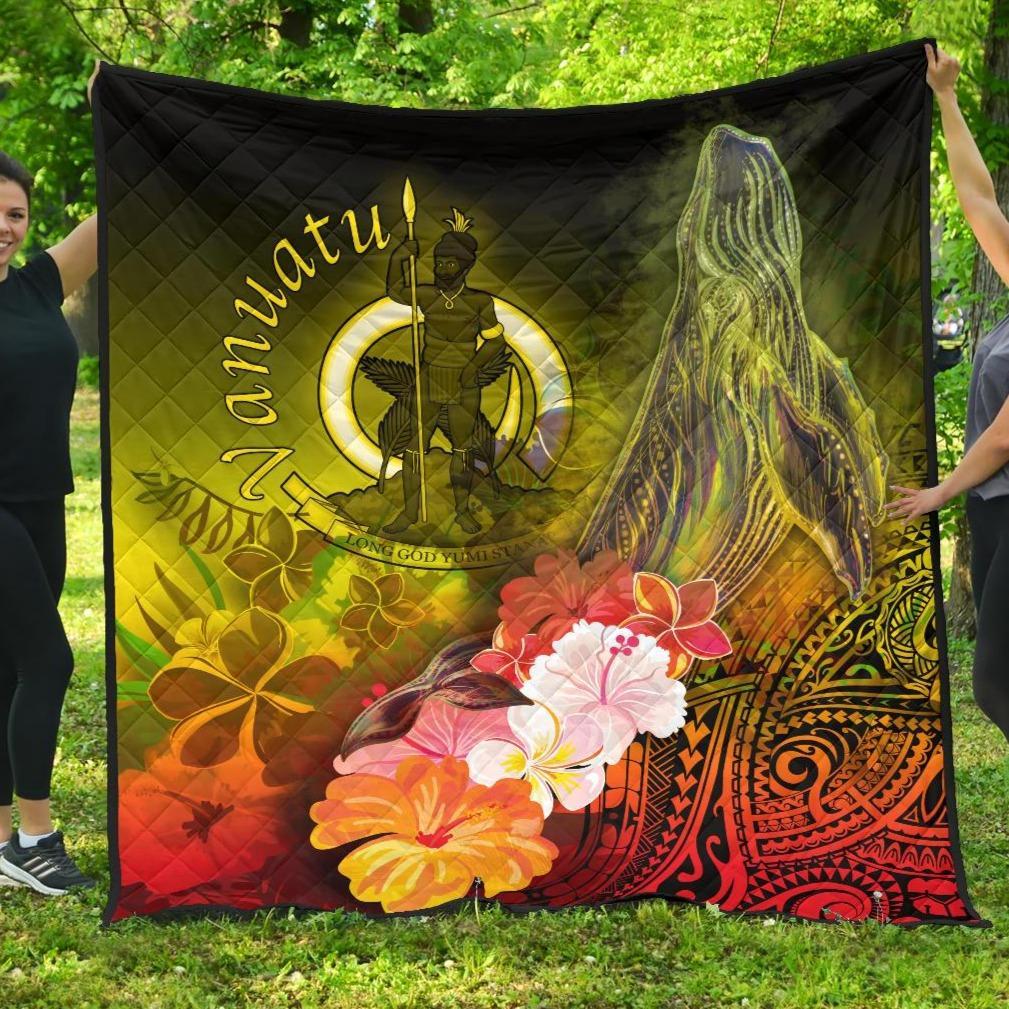 Vanuatu Premium Quilt - Humpback Whale with Tropical Flowers (Yellow) Yellow - Polynesian Pride