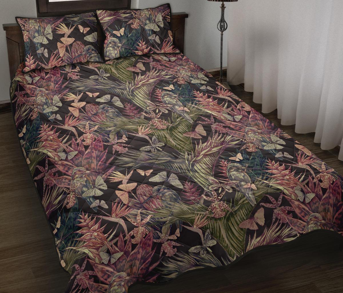 Hawaii Quilt Bed Set Palm Leaves Tropical Flowers AH Black - Polynesian Pride