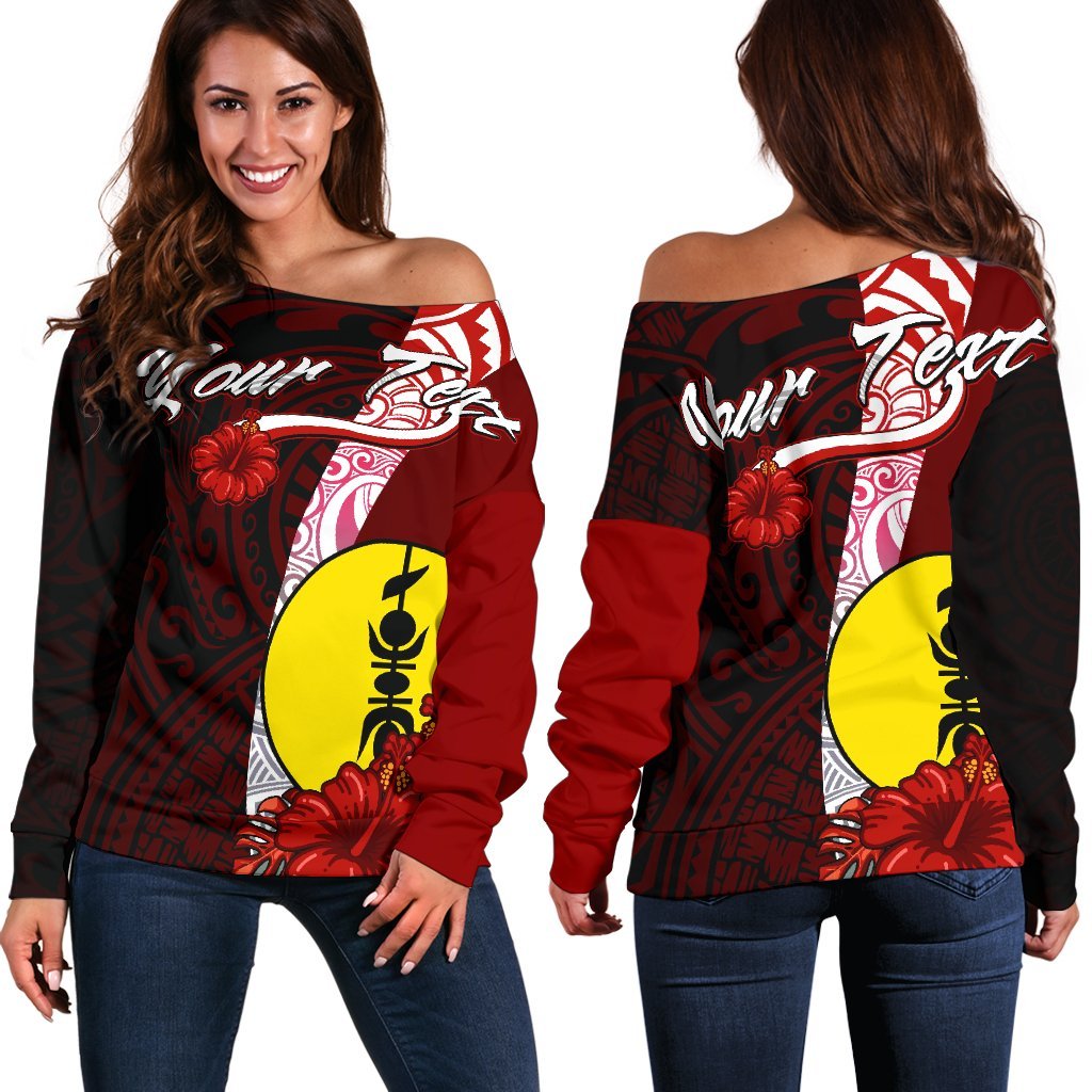 New Caledonia Polynesian Custom Personalised Women's Off Shoulder Sweater - Coat Of Arm With Hibiscus Red - Polynesian Pride