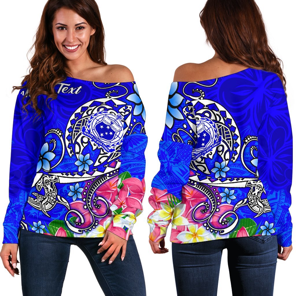 Samoa Custom Personalised Women's Off Shoulder Sweater - Turtle Plumeria (Blue) Blue - Polynesian Pride