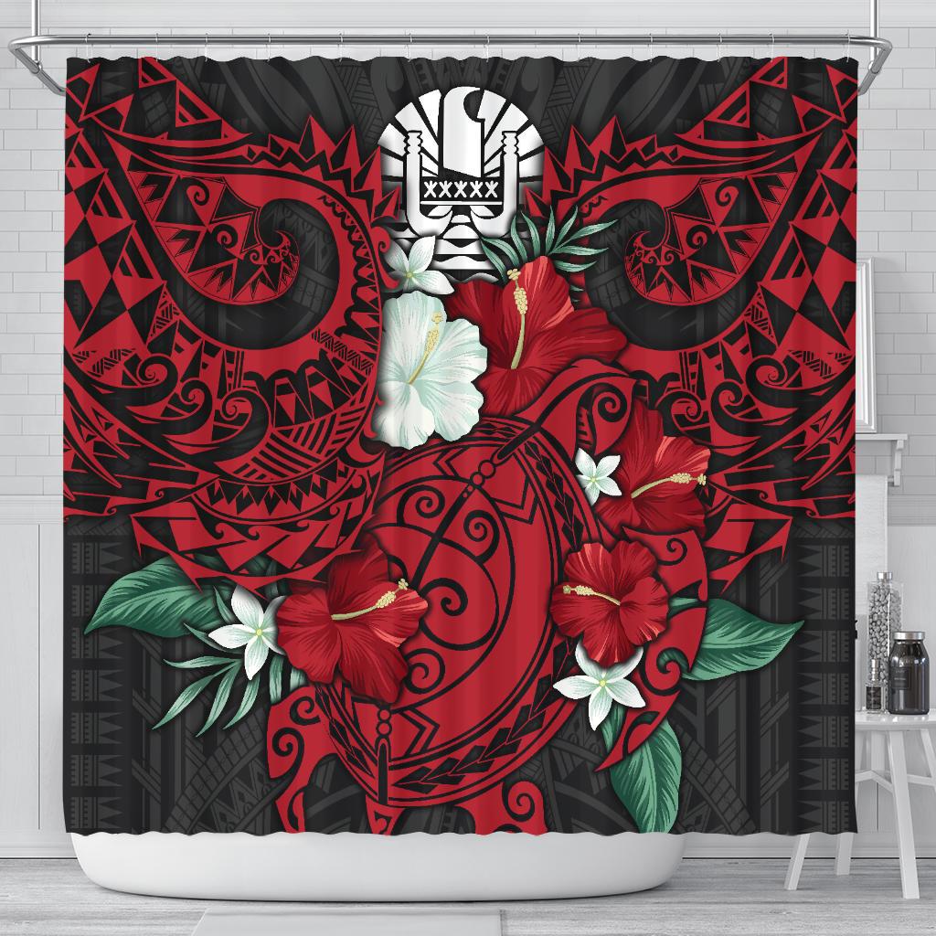 Tahiti Polynesian Shower Curtain - Hibiscus and Sea Turtle (Red) 177 x 172 (cm) Red - Polynesian Pride