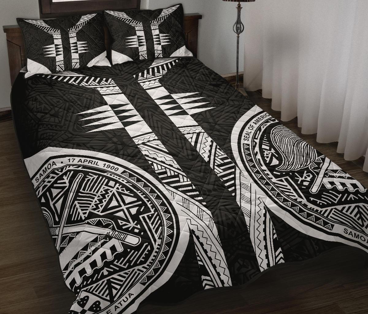 American Samoa Polynesian Quilt Bed Set - American Samoa Seal Armor Tattoo - Black Black - Polynesian Pride