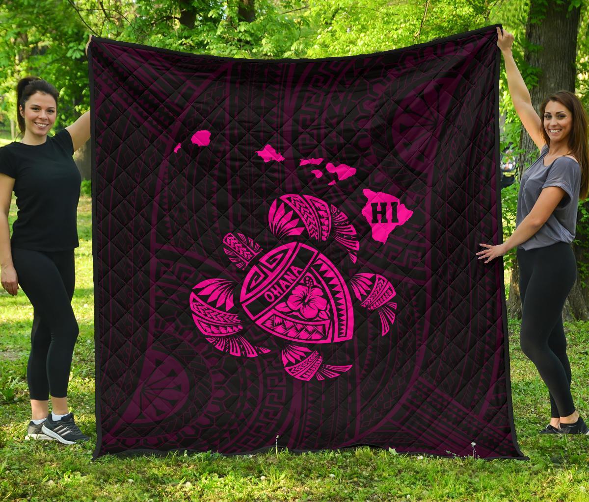 Hawaii Turtle Hibicus Map Premium Quilt - Pink Pink - Polynesian Pride