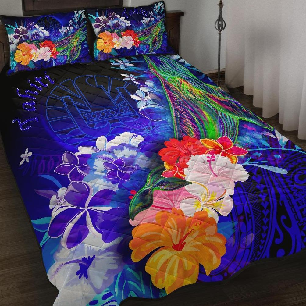 Tahiti Quilt Bed Set - Humpback Whale with Tropical Flowers (Blue) Blue - Polynesian Pride