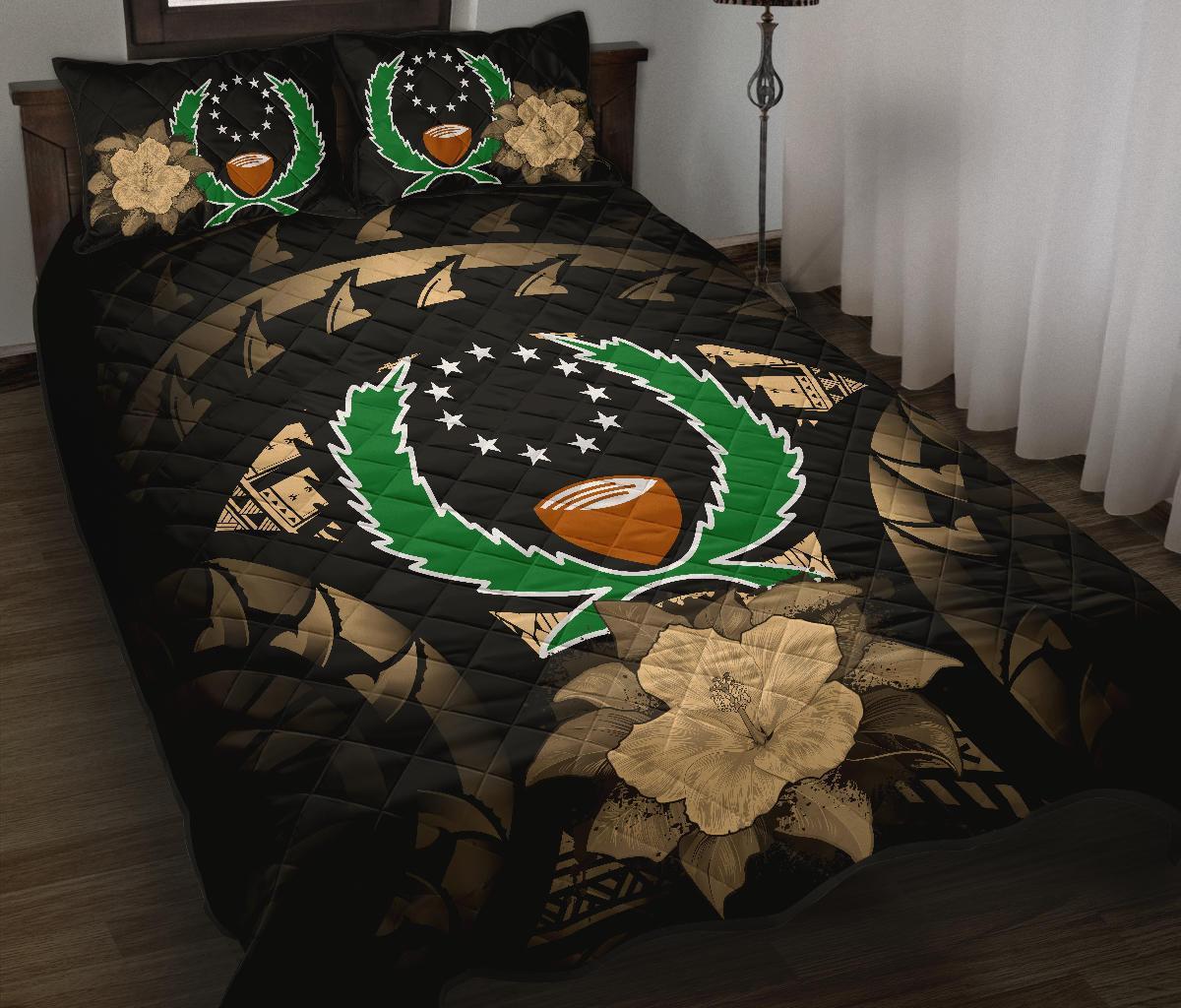 Pohnpei Polynesian Quilt Bed Set Hibiscus Gold Black - Polynesian Pride