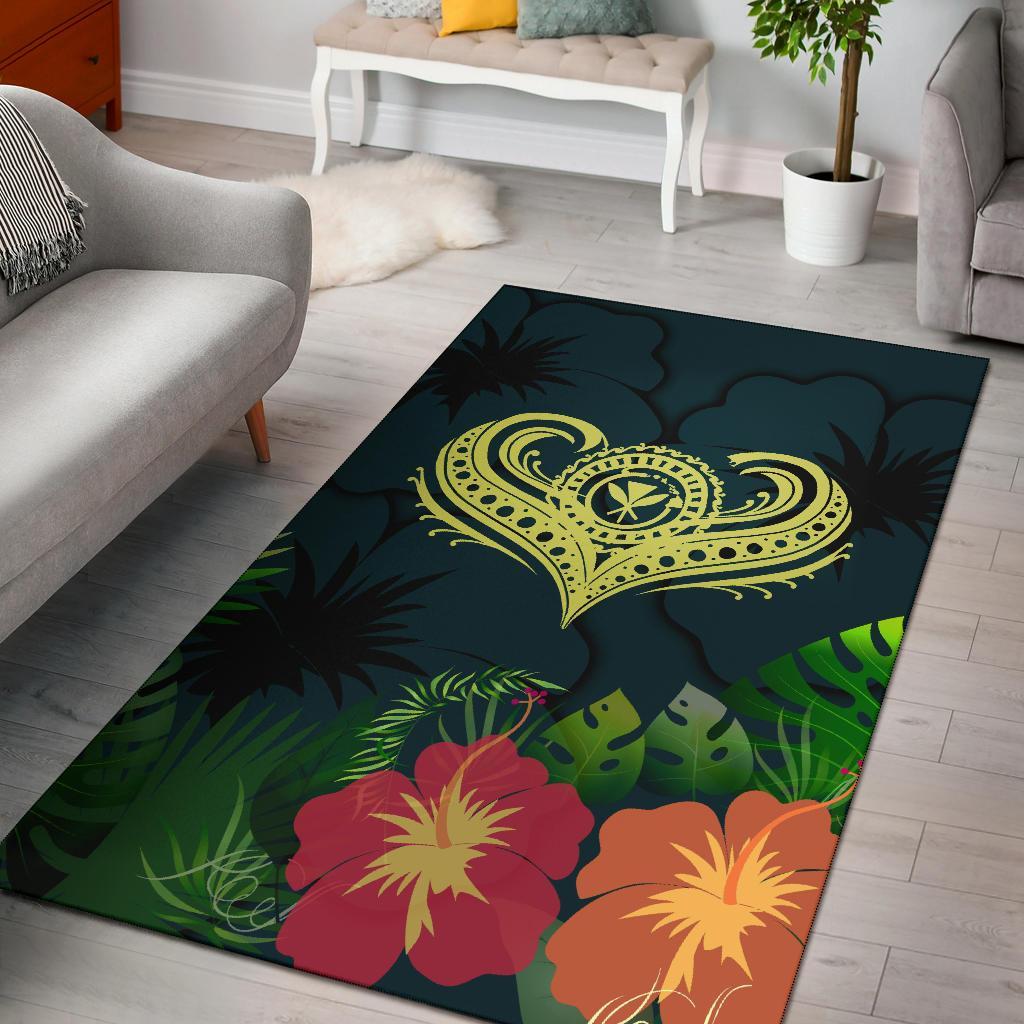 Polynesian Hawaii Kanaka Maoli Area Rug - Heart with Hibiscus Green - Polynesian Pride