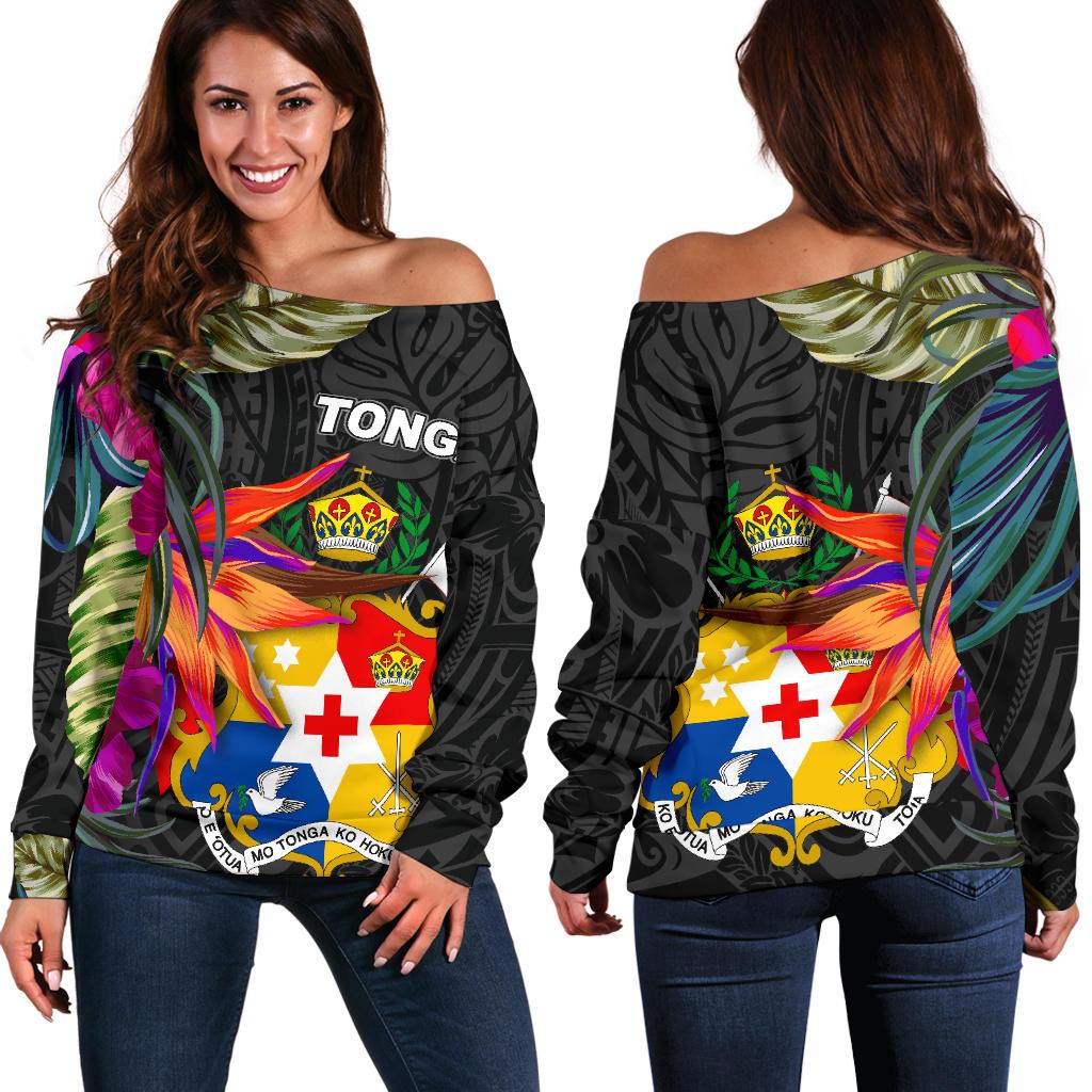 Tonga Women's Off Shoulder Sweater - Polynesian Hibiscus Pattern Black - Polynesian Pride