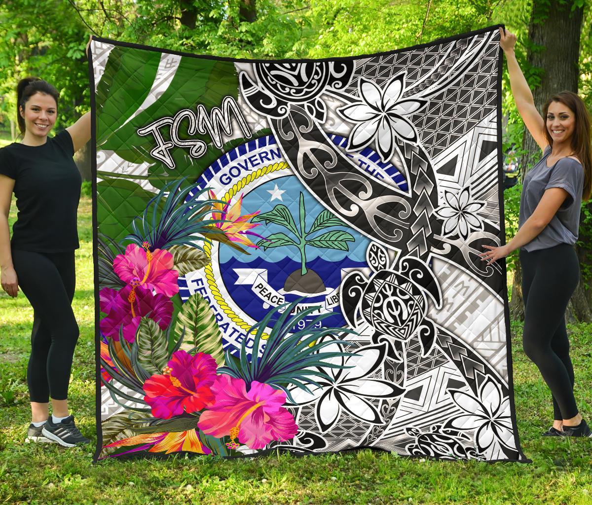 Federated States of Micronesia Premium Quilt White - Turtle Plumeria Banana Leaf - Polynesian Pride