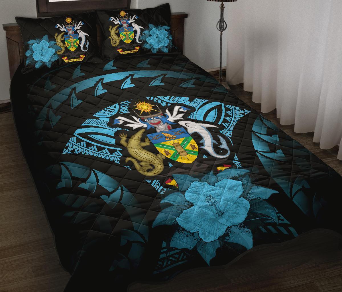 Solomon Islands Polynesian Quilt Bed Set Hibiscus Blue Black - Polynesian Pride