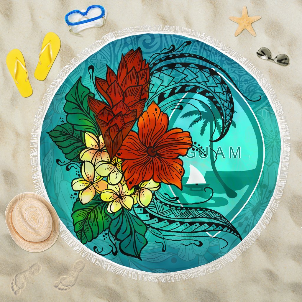 Guam Beach Blanket - Tropical Flowers Style Beach Blanket - Guam One Size Blue - Polynesian Pride