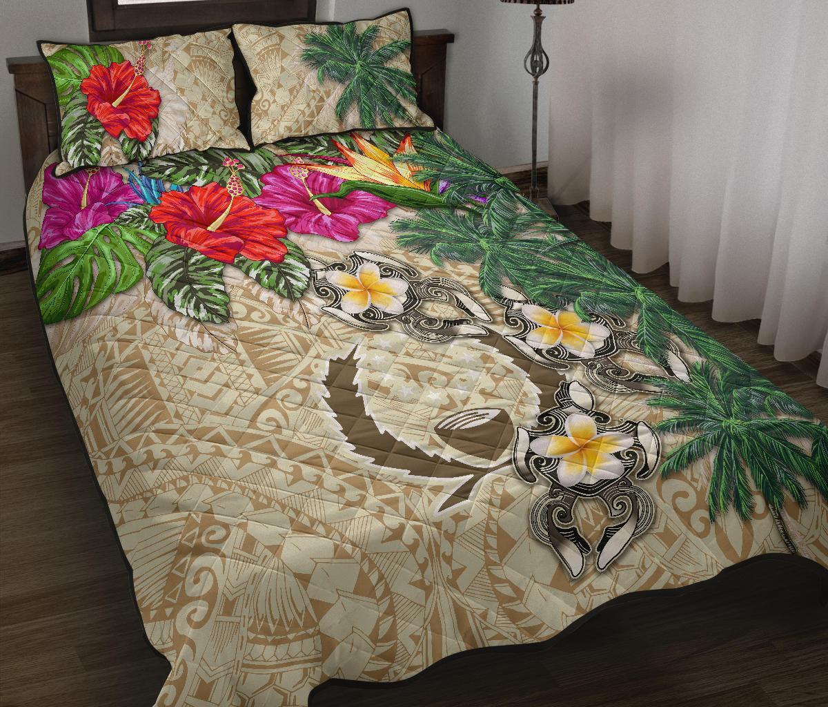 Pohnpei Polynesian Quilt Bed Set - Hibiscus Turtle Tattoo Beige Beige - Polynesian Pride