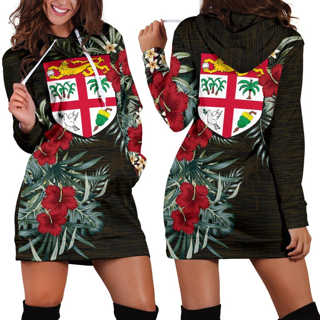 Fiji Hoodie Dress - Fiji Flag Hibiscus Black - Polynesian Pride