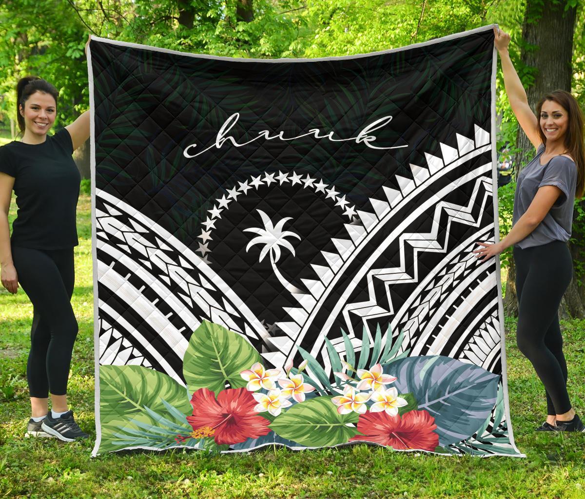Chuuk Premium Quilt - Chuuk Coat of Arms & Polynesian Tropical Flowers White - Polynesian Pride