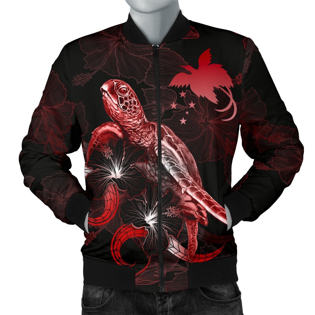 Papua New Guinea Polynesian Men's Bomber Jacket - Turtle With Blooming Hibiscus Red Red - Polynesian Pride