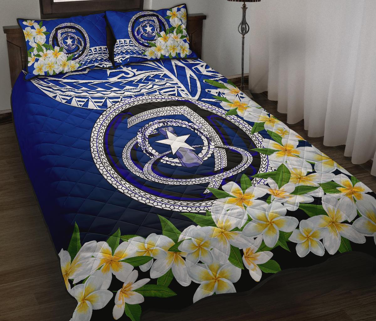 Northern Mariana Islands Quilt Bed Set - Polynesian Plumeria Pattern Blue - Polynesian Pride