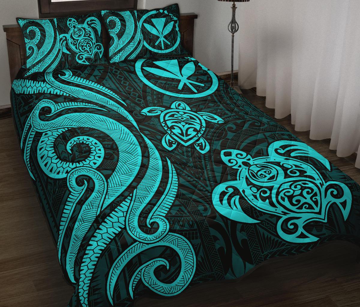 Hawaii Polynesian Quilt Bed Set - Turquoise Kanaka Maoli Tentacle Turtle Blue - Polynesian Pride