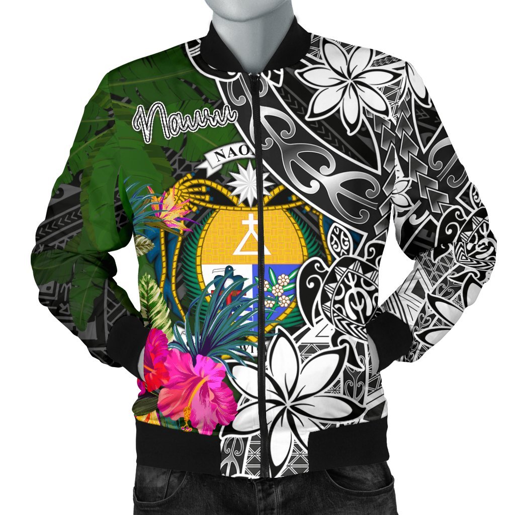 Nauru Men Bomber Jacket - Turtle Plumeria Banana Leaf Crest Black - Polynesian Pride