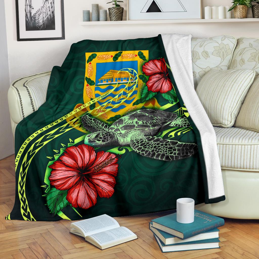 Tuvalu Polynesian Premium Blanket - Green Turtle Hibiscus White - Polynesian Pride