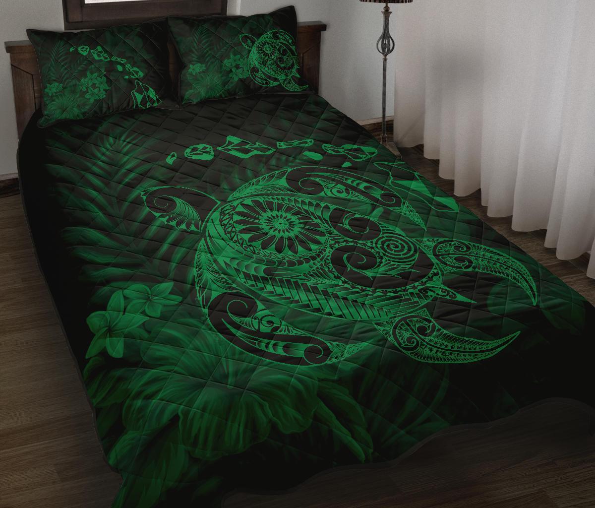 Hawaii Turtle Map Hibiscus Polynesian Green Quilt Bed Set - Polynesian Pride