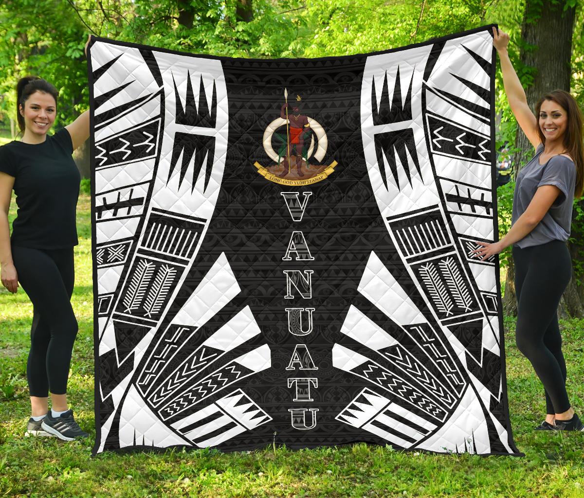 Vanuatu Premium Quilt - Vanuatu Coat Of Arms Polynesian White Tattoo Black - Polynesian Pride