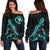 Hawaii Polynesian Women's Off Shoulder Sweater - Turtle With Blooming Hibiscus Turquoise Turquoise - Polynesian Pride