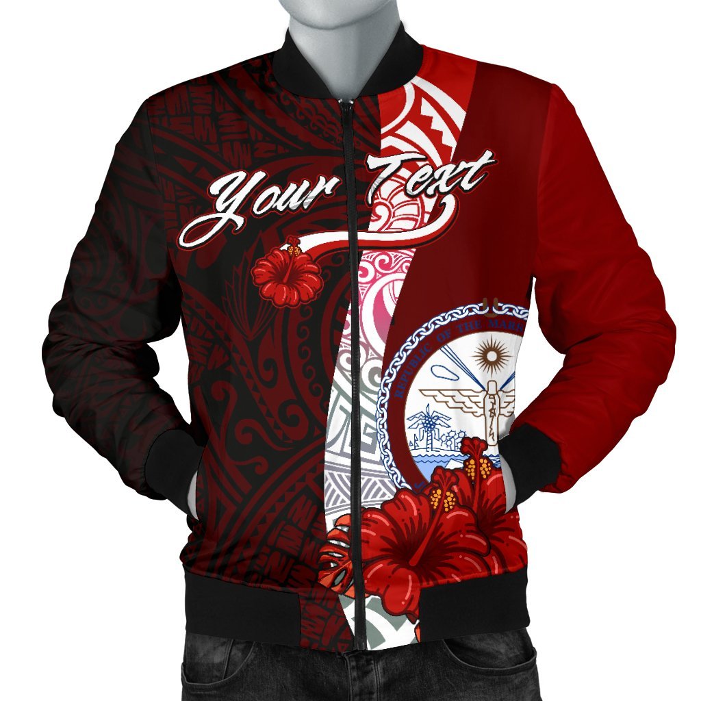 Marshall Islands Polynesian Custom Personalised Men's Bomber Jacket - Coat Of Arm With Hibiscus Red - Polynesian Pride