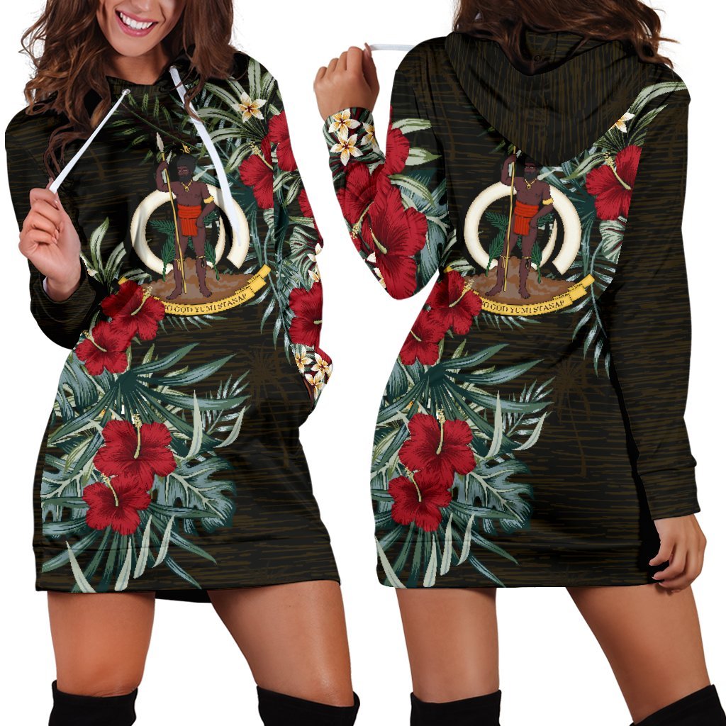 Vanuatu Hoodie Dress - Vanuatu Coat of Arms Hibiscus Black - Polynesian Pride