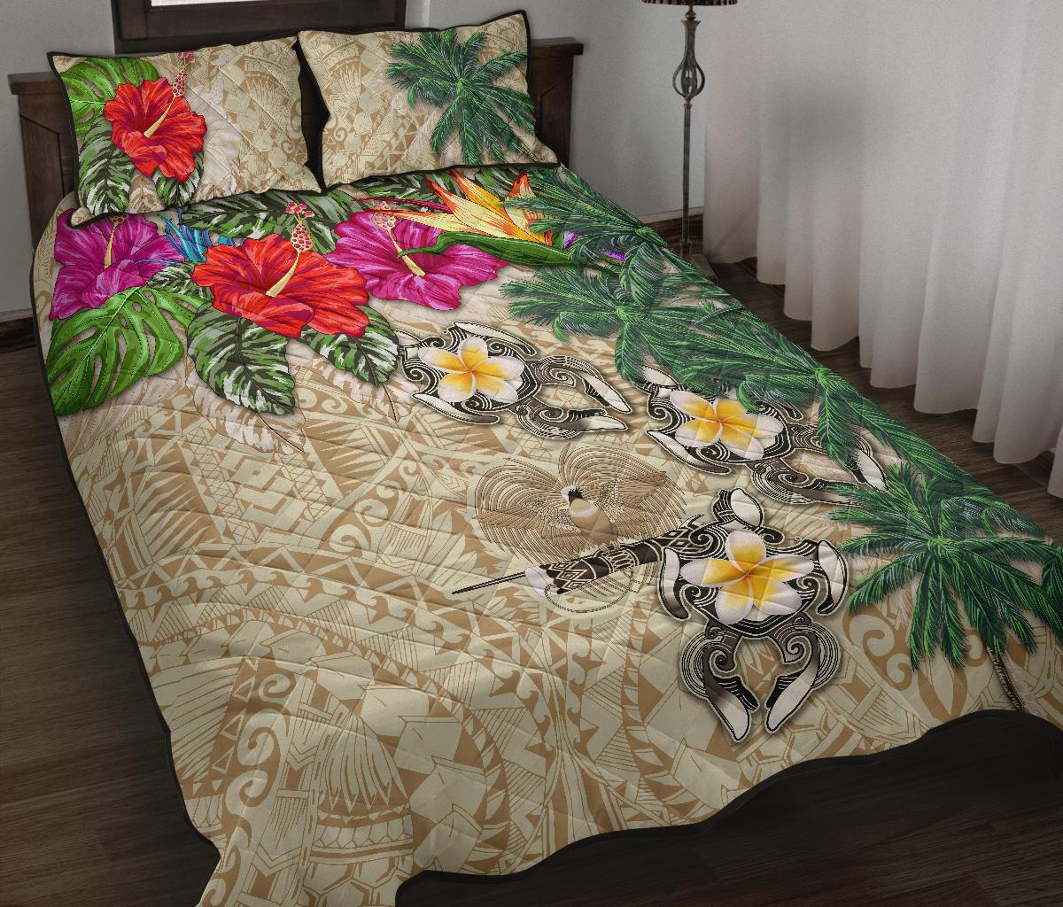 Papua New Guinea Polynesian Quilt Bed Set - Hibiscus Turtle Tattoo Beige Beige - Polynesian Pride