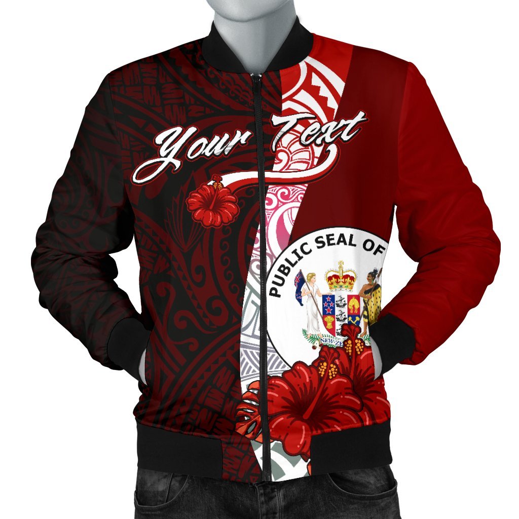 Niue Polynesian Custom Personalised Men's Bomber Jacket - Coat Of Arm With Hibiscus Red - Polynesian Pride