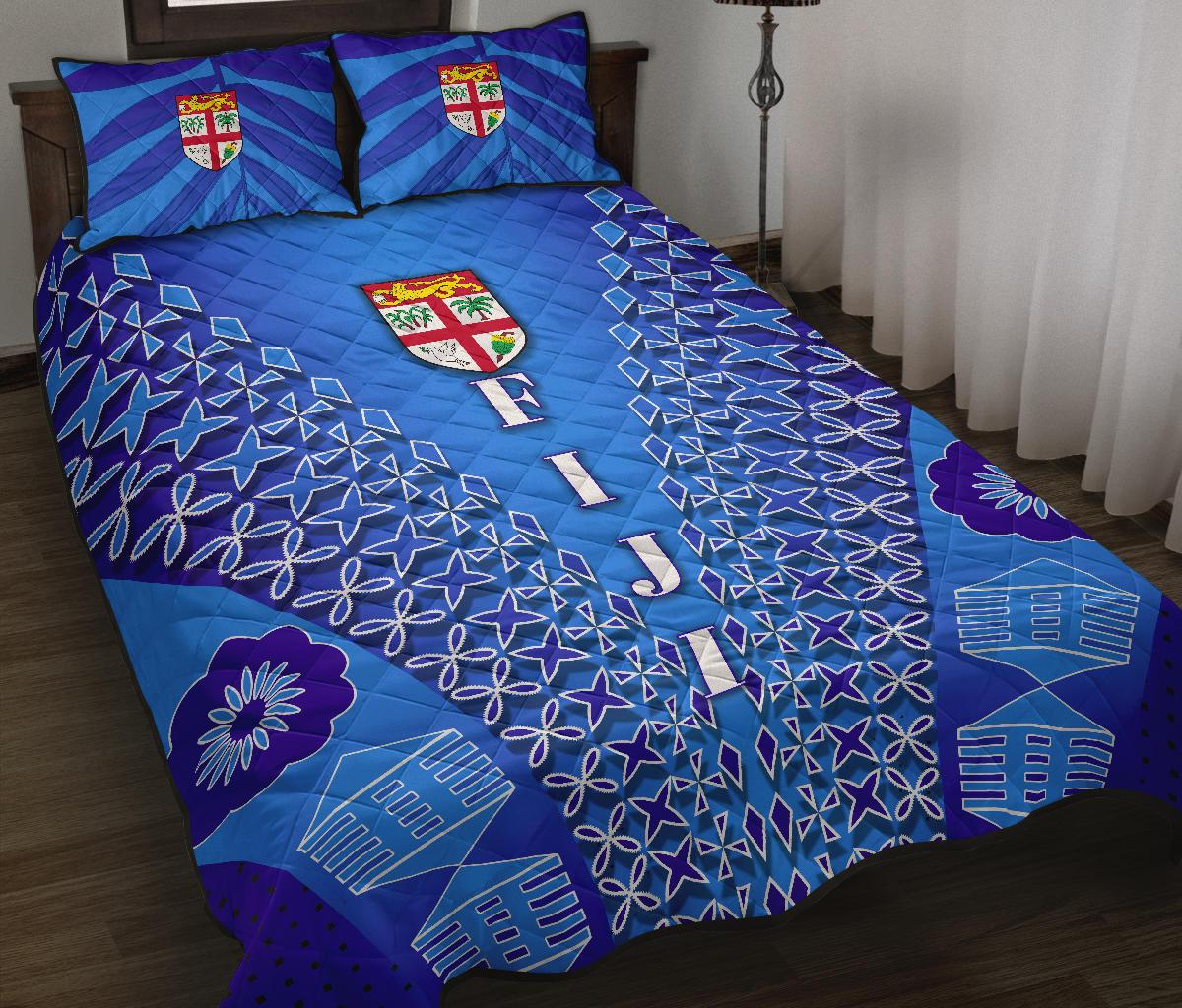 Fiji Drua Quilt Bed Set Tapa Blue - Polynesian Pride